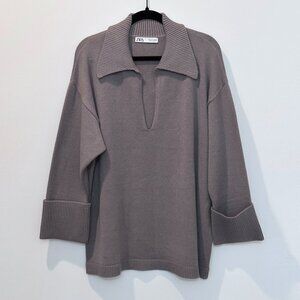 Zara Oversized Polo Collar Knit Sweater in Gray